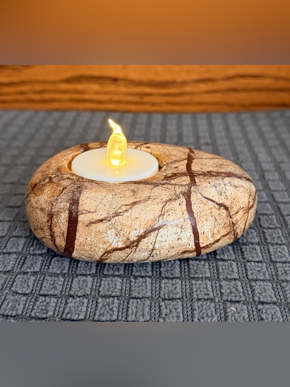 VTG 1985 Signed Philman Lava Series Carved Stone Tea Light Holder Heavy